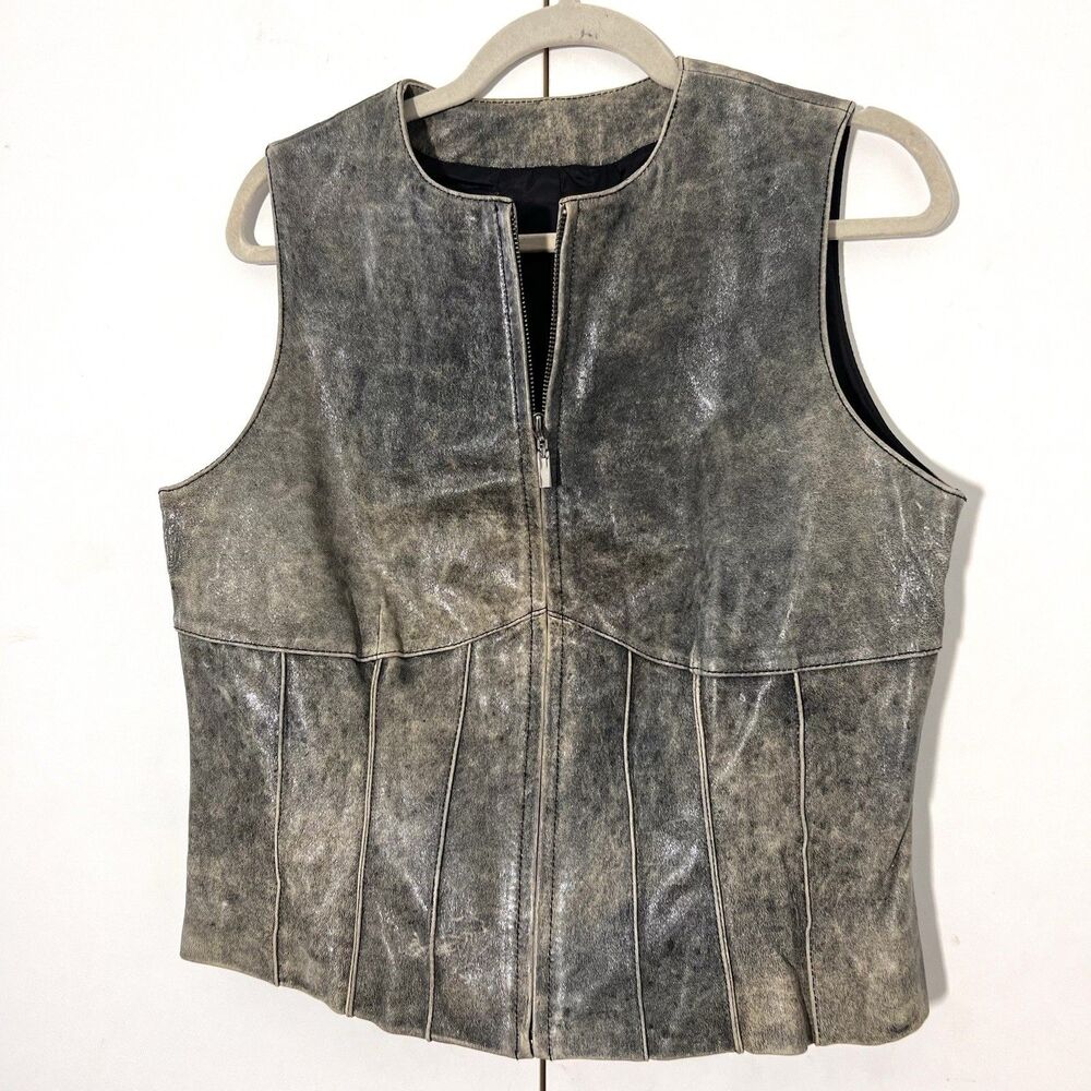 Siena Studio Leather Vest Womens L Gray Distressed Acid Wash Full Zip Biker Punk